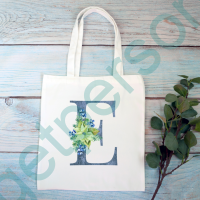 Blue Floral Initial Tote Bag