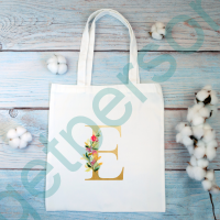 Gold Floral Initial Tote Bag